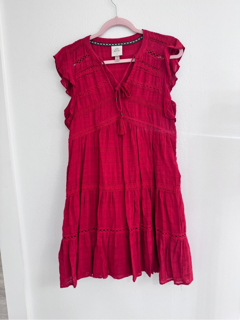 Knox Rose Red Boho Tiered Mini Dress Lace Inset Cap Sleeve Size S